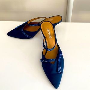 Blue satin and rhinestone dress shoes